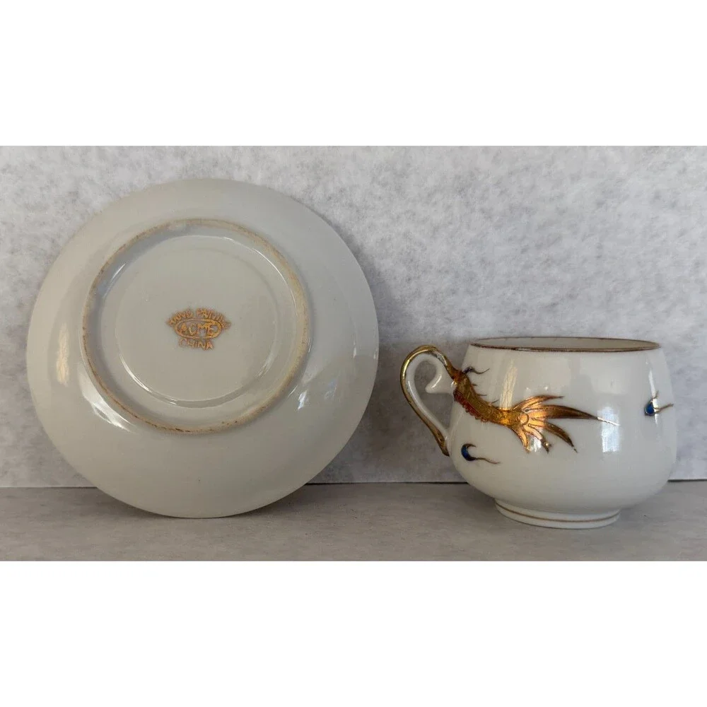 Dragonware Moriage Demitasse Cup & Saucer, Hand Painted Geisha Lithophane